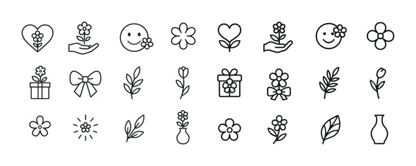 Obraz premium Line art icons: flowers, hearts, and nature-themed elements