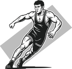Powerful black and white vector illustration of a wrestler leaning forward in dynamic motion, with strong shading and bold lines creating an intense athletic look. Perfect for sports posters, gym