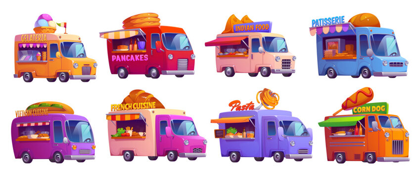 Cartoon food truck cars. Vector vintage festival street foodtrucks and vendor vans of vietnamese, french and indian cuisine. Ice cream, corn dog and pasta, pancakes and patisserie food trucks set