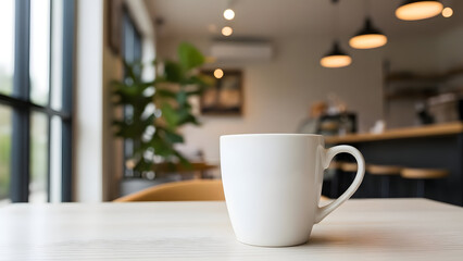 Fototapeta premium A white coffee mug on a table in a cafe