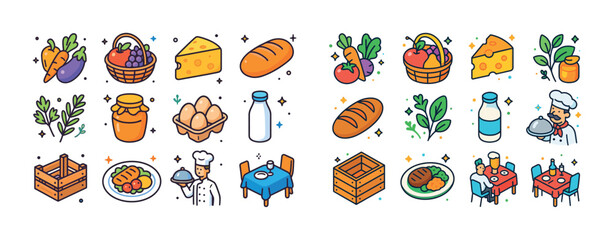 Fototapeta premium Colorful food and culinary icons with male chef preparing meal