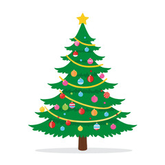 Decorated Christmas Tree Icon with Star and Colorful Ornaments