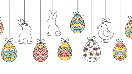 Seamless Easter border with hanging decorated eggs, bunnies, and a chick in pastel colors.