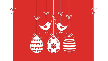 Two white birds singing above three decorative Easter eggs with heart, floral, and stripe patterns on a red background.