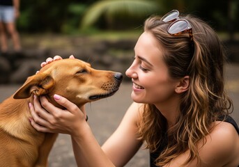 Affectionate woman shares a tender moment with her dog in a lush outdoor setting.
