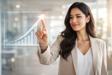 Fototapeta premium Confident woman of Middle-Eastern descent interacting with a digital growth chart in a modern office setting.