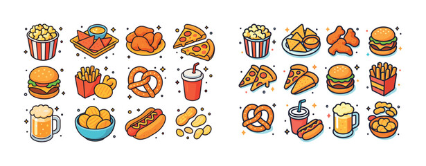 Colorful fast food icons: burgers, pizza, snacks, and drinks