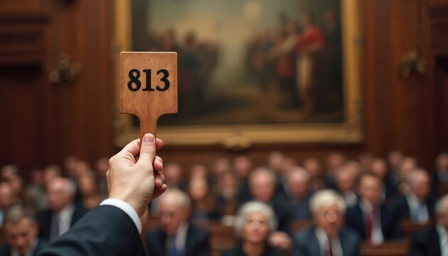 Hand holds auction paddle with number 813 for bidding at sale. Crowd watches art event in room. Auctioneer works, people offer bids in sale.