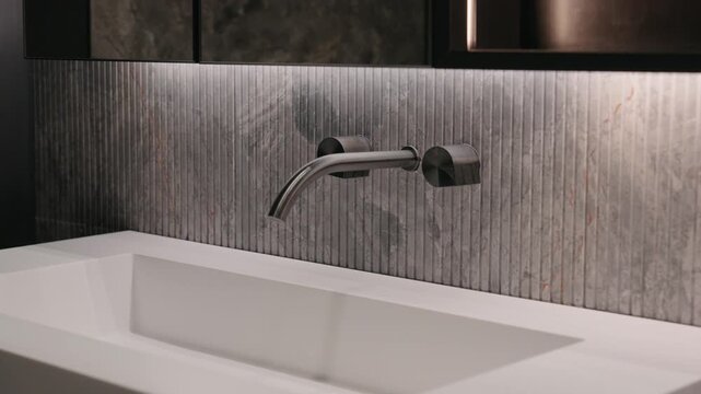 White sink with sharp edges sits below metallic faucet and round handles. Gray tiles behind add texture. Space feels clean, modern and quiet with simple lighting and design.
