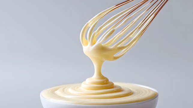 Close up of a whisk holding glossy mayonnaise dripping into a white bowl filled with the emulsified sauce showcasing smooth texture during prepa n