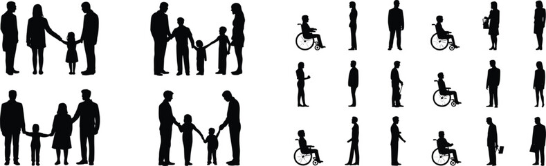 People silhouettes set including families couples individuals and wheelchair users isolated in black for infographics presentations urban planning
