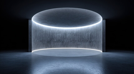 Futuristic dark room with glowing light on curved concrete wall creates an empty stage background. mysterious and serene scene perfect for modern product display