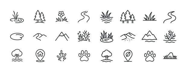 Fototapeta premium Nature icons set: trees, flowers, mountains, rivers, and paws in