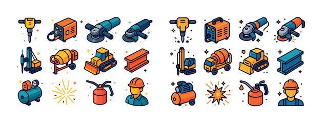 Fototapeta premium Collection of construction tools with cartoon icons and equipmen