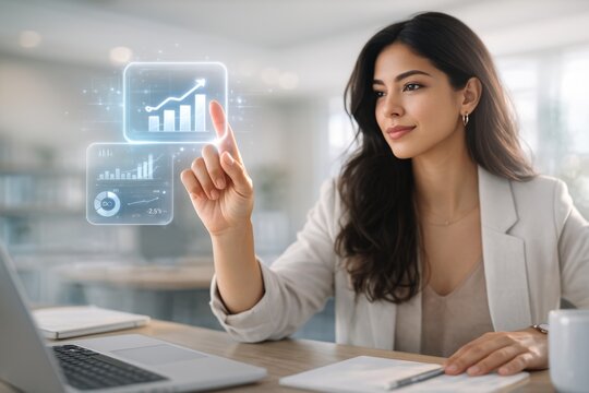 A focused young South Asian woman interacts with digital graphs on a holographic screen in a modern office. - Powered by Adobe