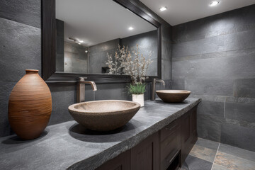 Calm luxury bathroom interior design with dark stone sink vanity. Modern elegant home decor features wood cabinet, grey tile and sophisticated lighting for tranquil feel