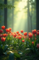 Fototapeta premium A field of vibrant red-orange tulips illuminated by the golden rays of sunlight in a serene forest