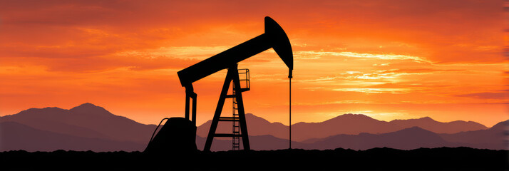 Dramatic silhouette of an oil pump jack working at sunset. industrial scene represents energy and fuel production within fossil fuel and petroleum industry landscape