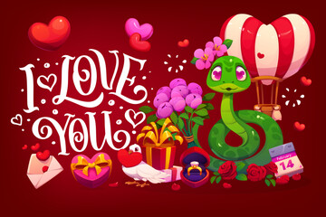 I love you Valentine's day greetings, holiday banner or card. Love holiday vector greeting card. Saint Valentine day banner with snake funny cartoon character, gifts, engagement ring and peony flowers