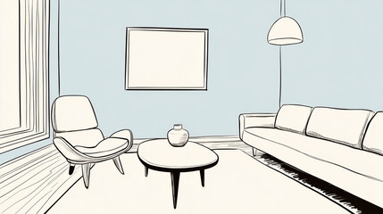 Calm hand drawn sketch illustration of modern living room interior design. serene scene features furniture like sofa and armchair, perfect for home decor concepts