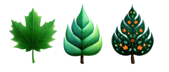 Three distinct styles of green leaves representing nature's diversity, vibrant colors, and textures
