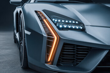 Closeup detail on headlight of powerful blue sportscar. Modern automotive concept with futuristic led design exuding luxury, speed, and an elegant, aggressive style