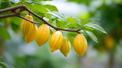 Ripe yellow cacao pods featuring a ribbed texture are shown hanging from a woody branch amidst vibrant green foliage highlighting natural growth in a tropical climate