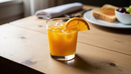 Fresh orange juice with slice on wooden table next to breakfast
