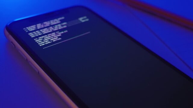 Close up on cellphone malware installing app with code for hacking into device. Virus or trojan horse software spyware is being loaded onto smart phone by hacker or agent to steal private data info