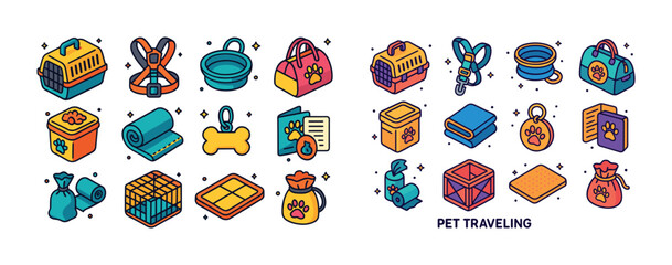 Colorful pet travel essentials icons: bags, bowls, toys, cages,