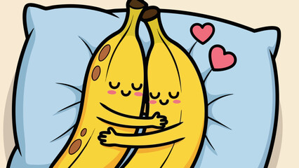 Adorable cartoon bananas hugging tightly while sleeping peacefully on a soft blue pillow