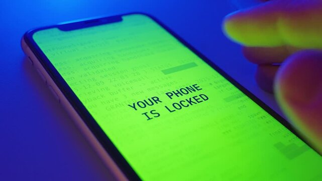 Phone screen notification of virus or ransomware on a controlled hacked device. Hacker group taking control over private user data and information requesting bribe money to be paid to regain access