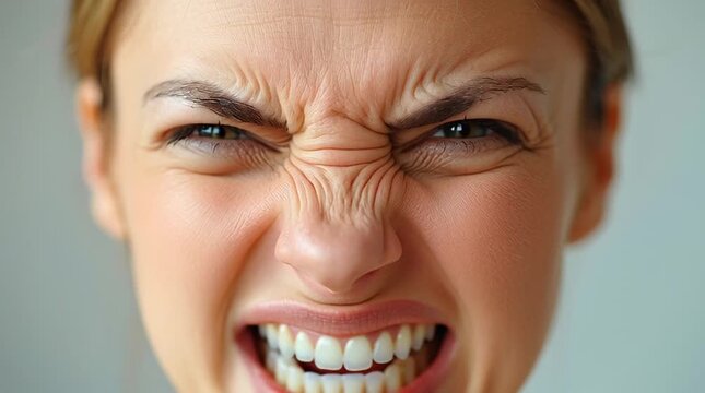 Macro closeup video, angry expressions of a Caucasian woman with shrink skin texture and emotional look        
