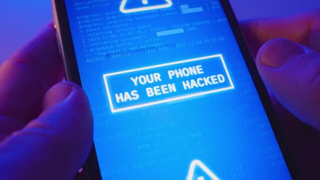 Alert message notification on smart phone screen warning for hacker attack. Cellphone is being hacked by malware or spyware app or virus. Remote access of device. Digital security breach stealing data