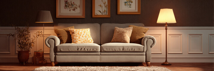 Cozy living room interior with comfortable sofa and warm lamp light. Elegant home furniture creates an inviting, relaxing, and peaceful atmosphere for quiet evening at home