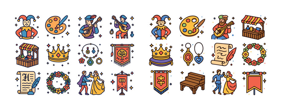 Cartoon medieval festival icons with jester, musicians, decorati