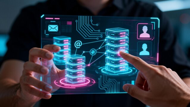 Person interacting with futuristic digital interface - Powered by Adobe