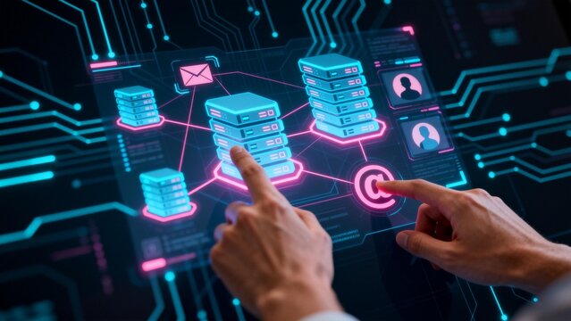 Hands interacting with digital network interface - Powered by Adobe
