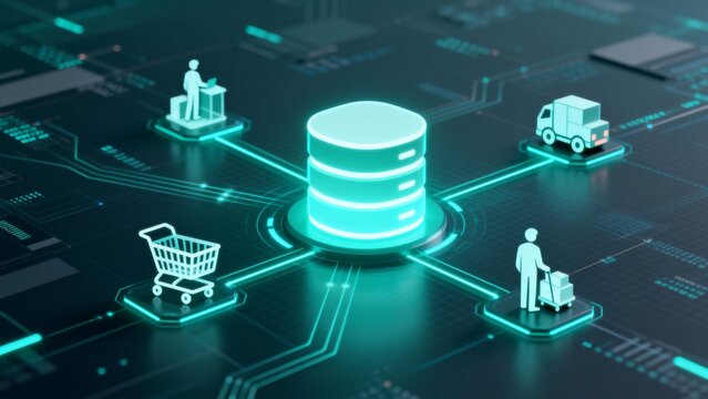 Digital network with icons and server - Powered by Adobe