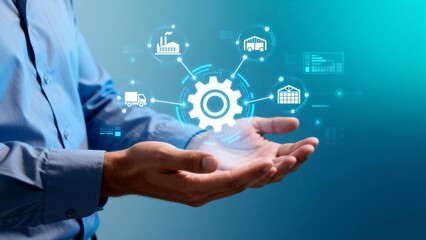 Hands holding digital gear and icons