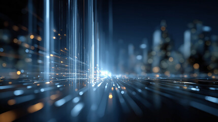 Digital Metropolis: A vibrant network of data streams pulses through a futuristic cityscape, signifying the cutting-edge of technology and global connectivity. 