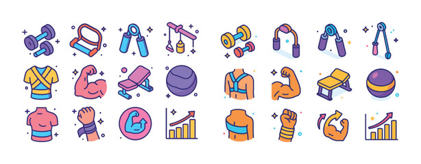 Obraz premium Colorful fitness icon set with exercise equipment and muscle gra