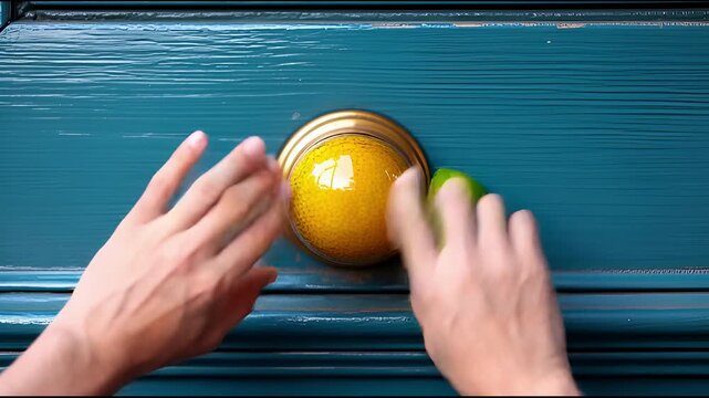 A hand reaches for a yellow drawer knob on a teal dresser, then places a green apple on top of it.