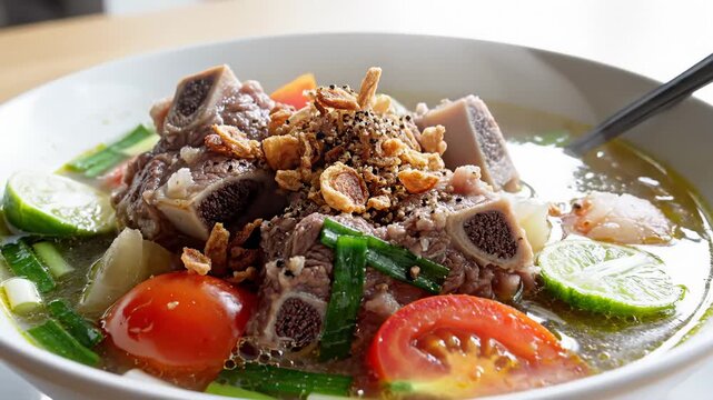 Sop Buntut, Indonesian Oxtail Soup in White Bowl With Lime and Tomato