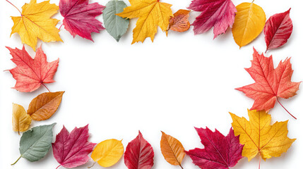 Vibrant, colorful autumn leaf frame on white background. Red and yellow foliage creates natural border with plenty of copy space for warm, seasonal design