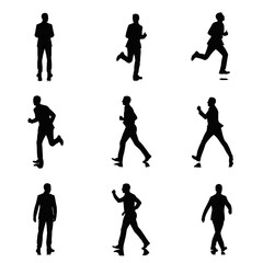 Silhouettes of People in Various Poses of Walking and Running.