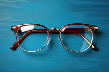 Brown vintage eyeglasses on blue wooden background for eyewear product and reading concept