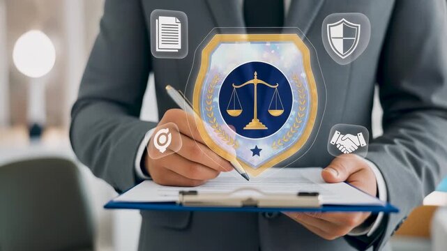 Professional lawyer checking clipboard document with legal justice scale hologram for corporate law compliance and official certificate verification authority in business office