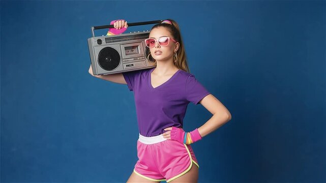 Mujer posando con atuendo deportivo neón de los 80s