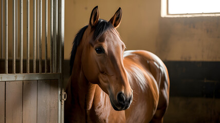 Portrait of a Beautiful Brown Horse Standing in a Stable Stall with Natural Light